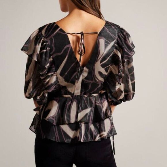 Ted Baker Jasmyna Metallic Purple Tiered Ruffled Puff Sleeve Top NWT Size 0/US 2 - Picture 2 of 7